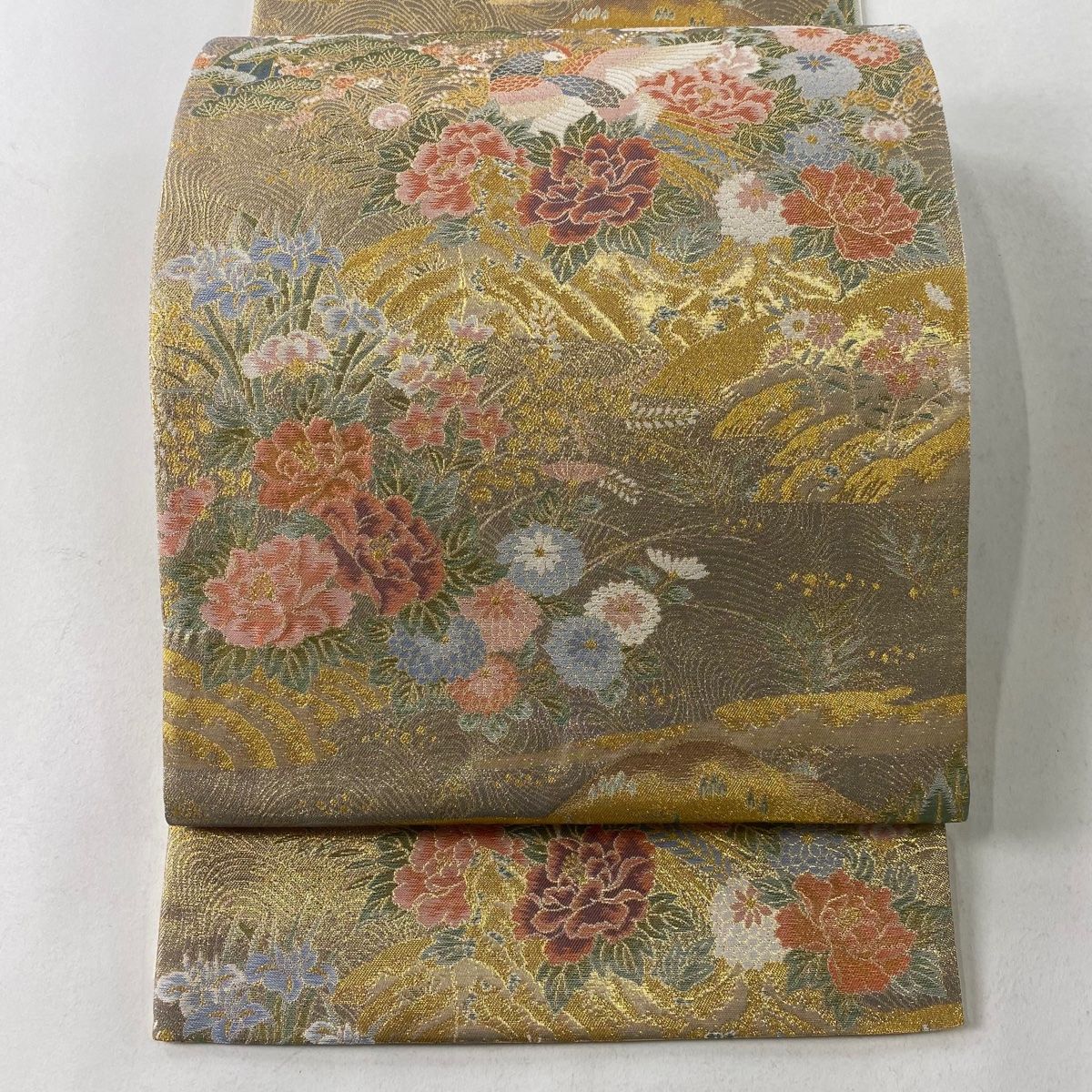 袋帯 美品 秀品 樹木 花鳥 箔 金糸 金色 六通 正絹 【中古
