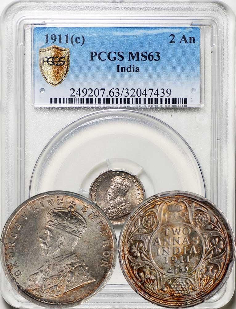 British India 1911-C Pig 2 Annas PCGS Secure Pl MS-63 Toning