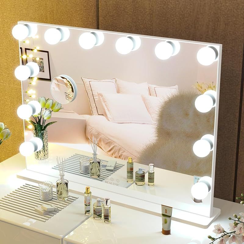 BEAUTME 女優ミラー 卓上ミラー 化粧鏡 3色ライトモード 明るさ調整 LED電球付き ハリウッドミラー 台座付き 卓上 壁掛け両用 白い 72x54.2cm 0