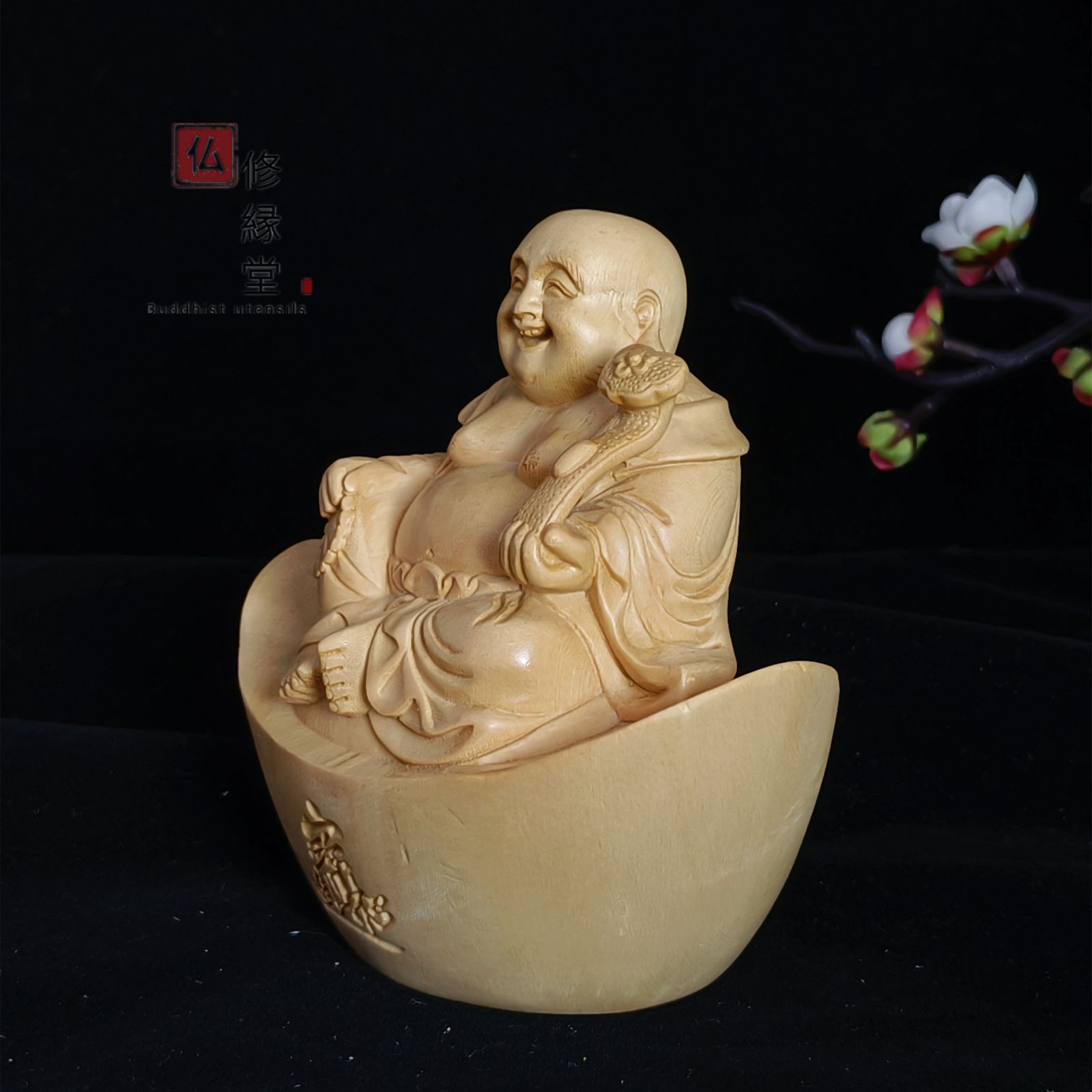 修縁堂】極上品 木彫仏像 七福神 布袋様 彫刻 一刀彫 天然木檜材 仏教 