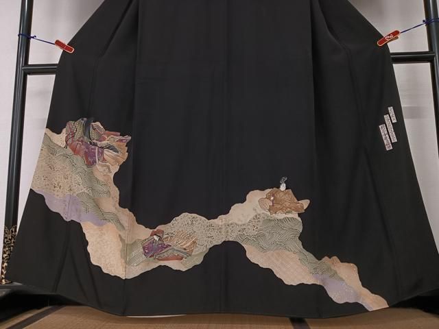 平和屋着物○江戸小紋 京友禅 道長花文 黒地 反端付き 正絹