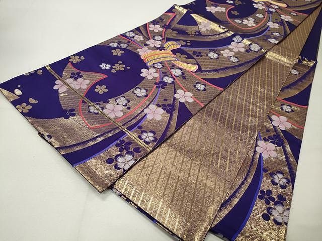 正絹 六通袋帯 【花々 青 シルバー】 平和屋着物◎六通柄袋帯 唐織 束ね熨斗花唐草文 平和屋