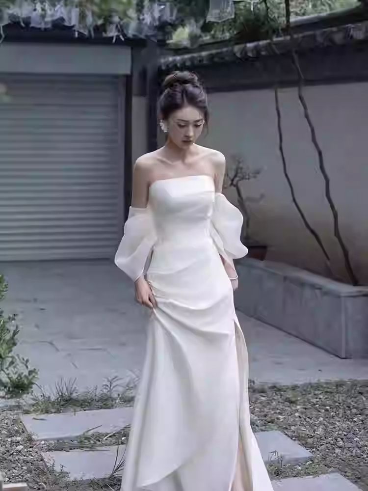 シンプル　ウエディングドレス　結婚式　前撮り　韓国　ソフトマーメイド　ストラップ ウェディングドレス 結婚式 前撮り シンプル 韓国 ソフト