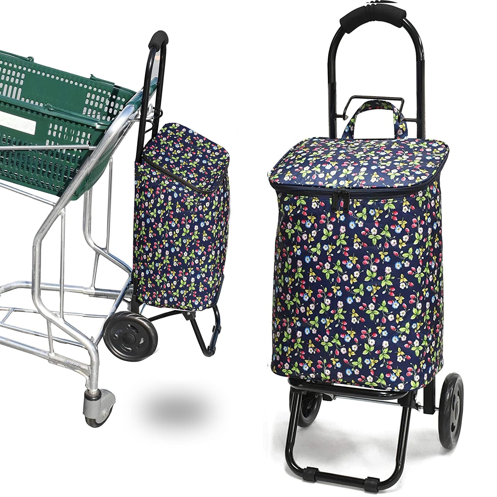 Basic Standard ショッピングカート スーパーの カートに掛けられる ! 便利 買い物カート 折りたたみ 軽量 保冷 保温 おしゃれ フラワー ネイビー M