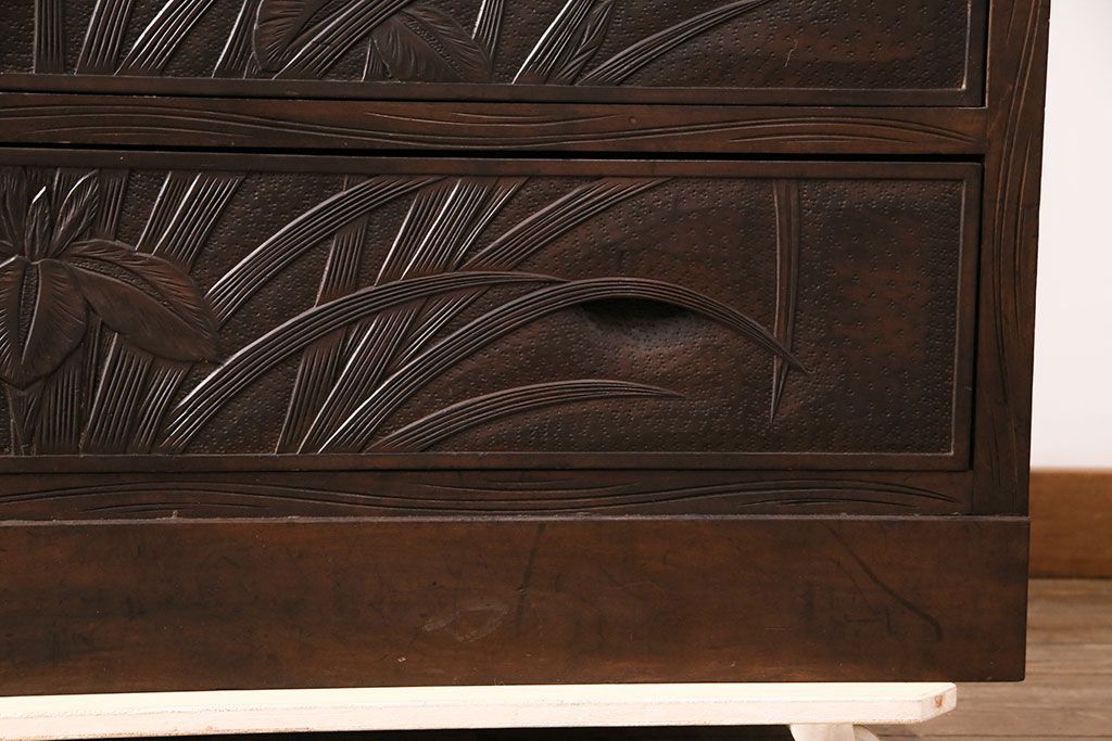 軽井沢彫り 菖蒲彫刻 ワードローブ クローゼット 洋服タンス チェスト 抽斗 引き出し 2段重ね 伝統工芸 和家具 軽井沢彫り 菖蒲彫刻 ワードローブ クローゼット 洋服タンス チェスト