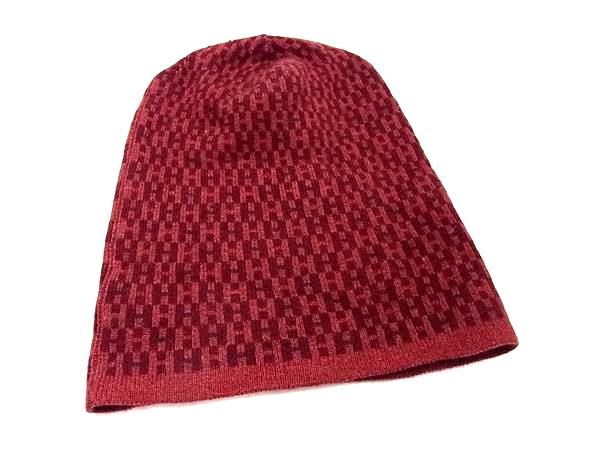 HERMES エルメス カシミヤ100％ 総柄 ニット帽 ニットキャップ 帽子 メンズ レディース レッド系 FN0807