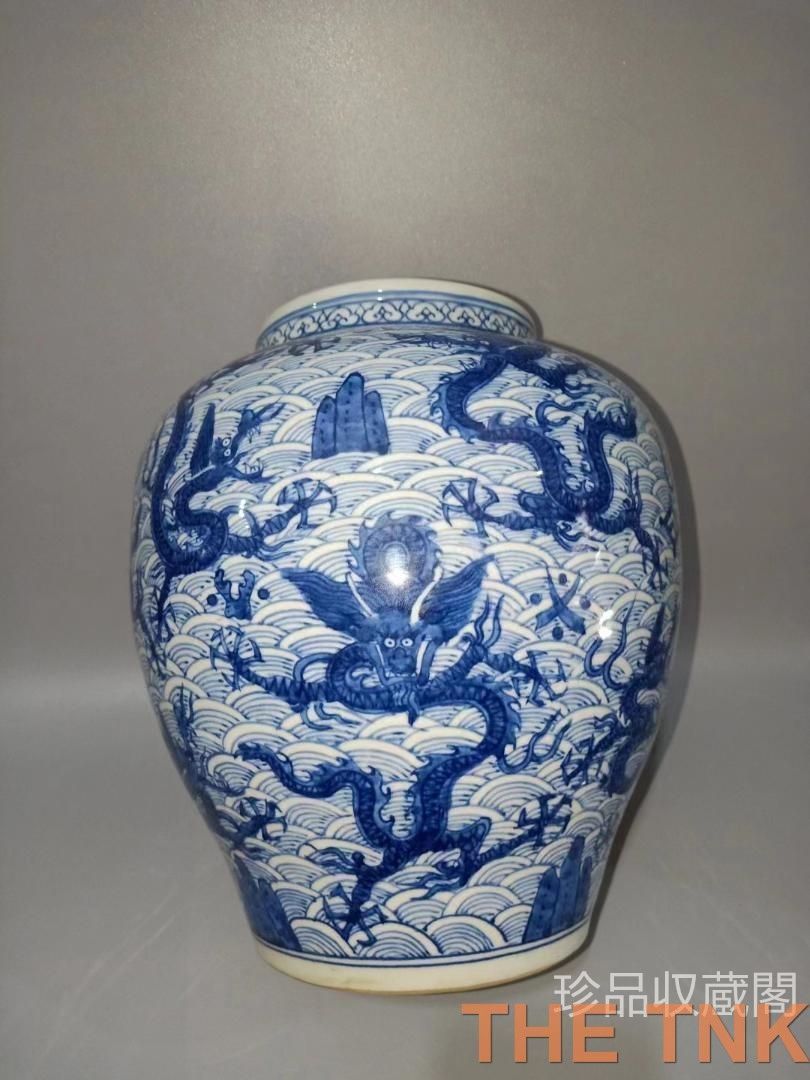 中国古美術 旧蔵 青花海水龍紋缶 置物 賞物観賞瓶 文房具