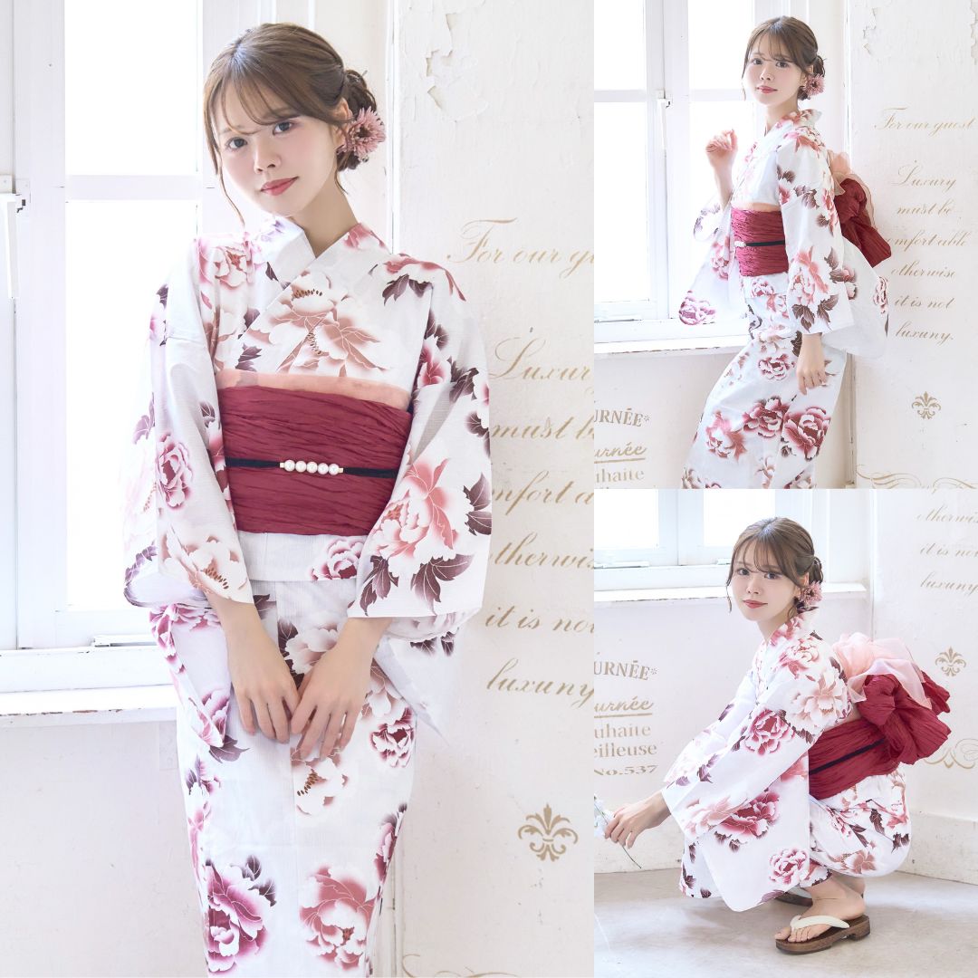 新品 浴衣 レディース 4点セット 人気 ベージュ 赤 金魚 牡丹