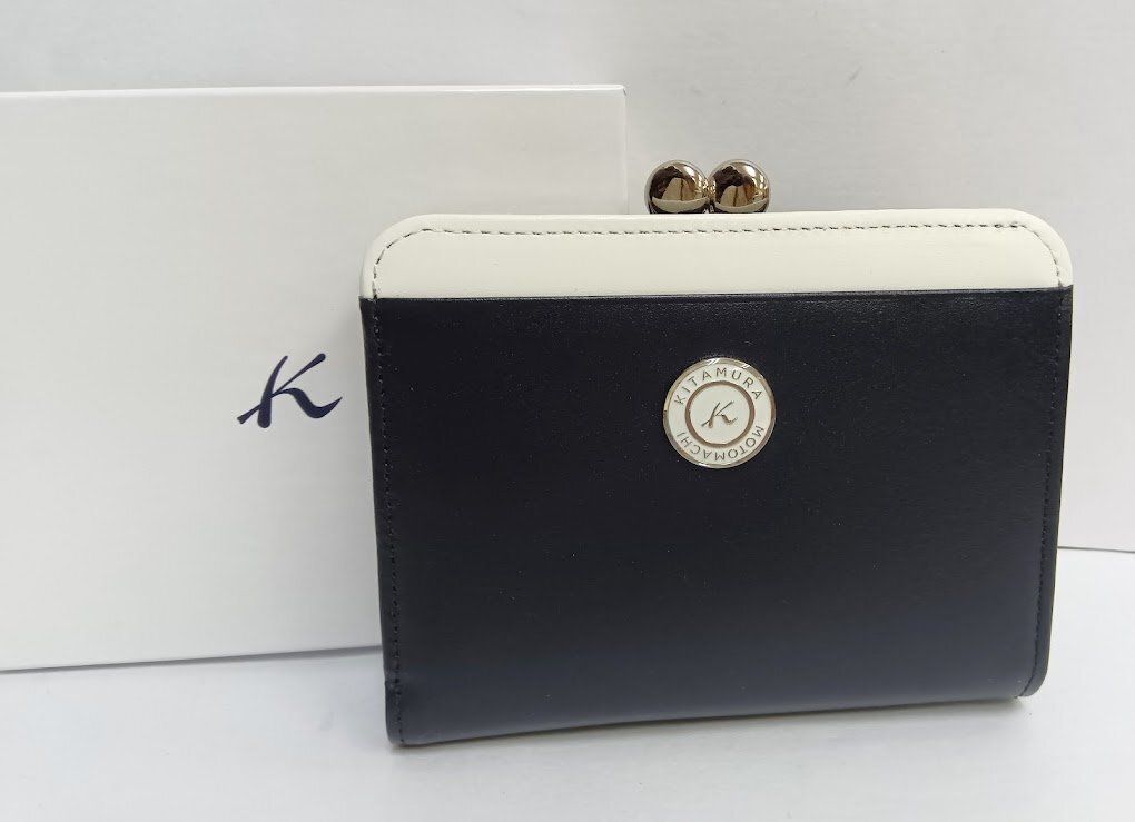Kitamura キタムラ レザー ダークネイビー ホワイト 長財布 未使用品 未使用！Kitamura/キタムラ☆レザー・二折財布 ダークブルー
