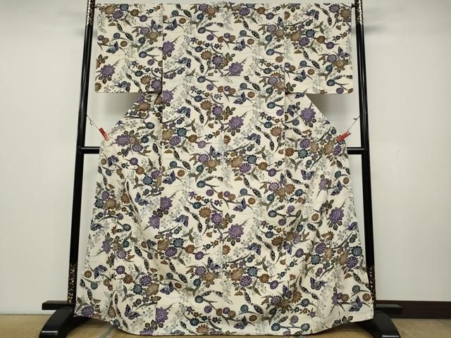 平和屋着物○上質な小紋 型染め 舞蝶花文 正絹 逸品 未使用 CAAX4710ut