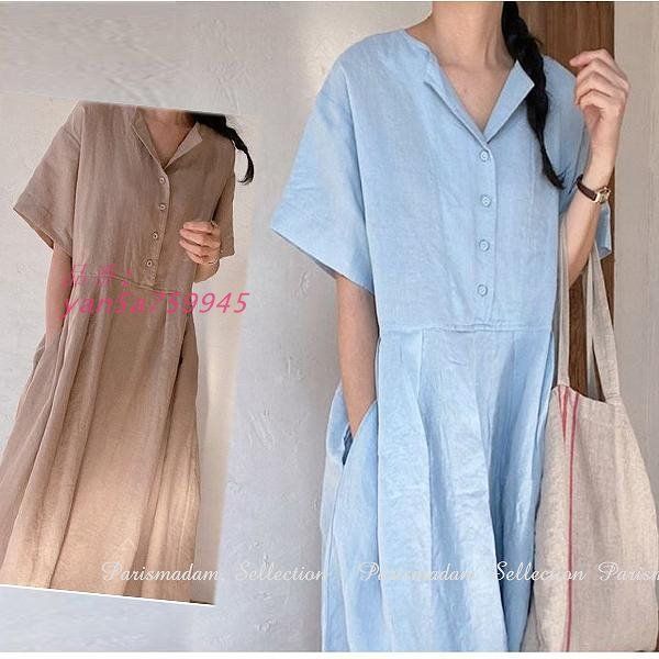 シンプルコットンワンピース 前開き 半袖 ひざ下丈 ミモレ丈 タックスカート 通学20代30代40代50代60代 細く見える yan5a759945