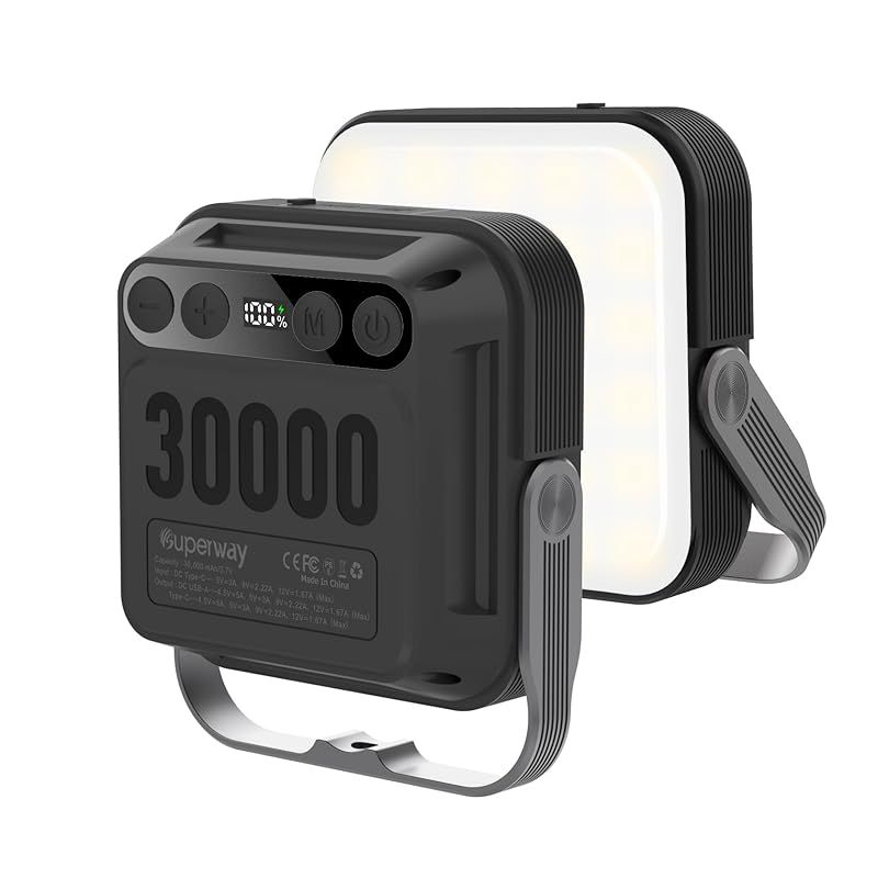 SUPERWAY 30000mAh led ランタンQC 3.0|22.5W 2025新登場 1600ルーメン 四色切替 昼光色 昼白色 電球色 赤色点灯 SOS IP65 防水 防災グッズ アウトドア ライト 電気量輝度数字表示 光色|輝度記憶 三脚接続 1