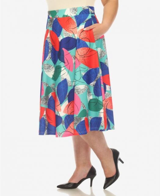 送料無料 ホワイトマーク レディース スカート ボトムス Plus Size Leaf Print Vintage Flared Midi Skirt Red