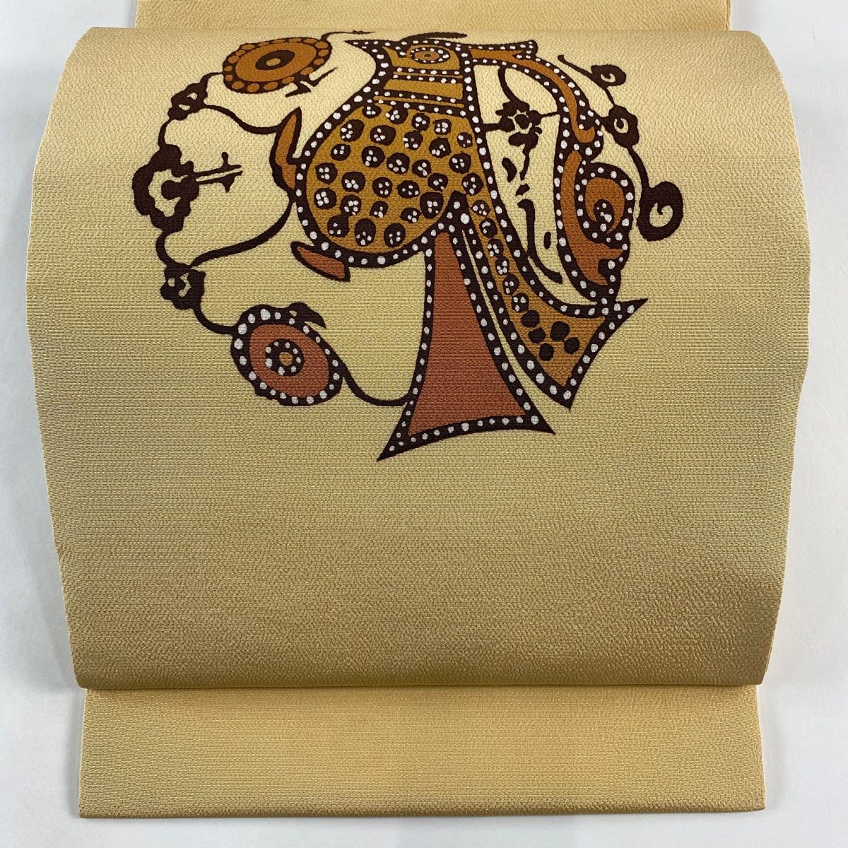 開き名古屋帯 秀品 草花 鳥 ベージュ 正絹