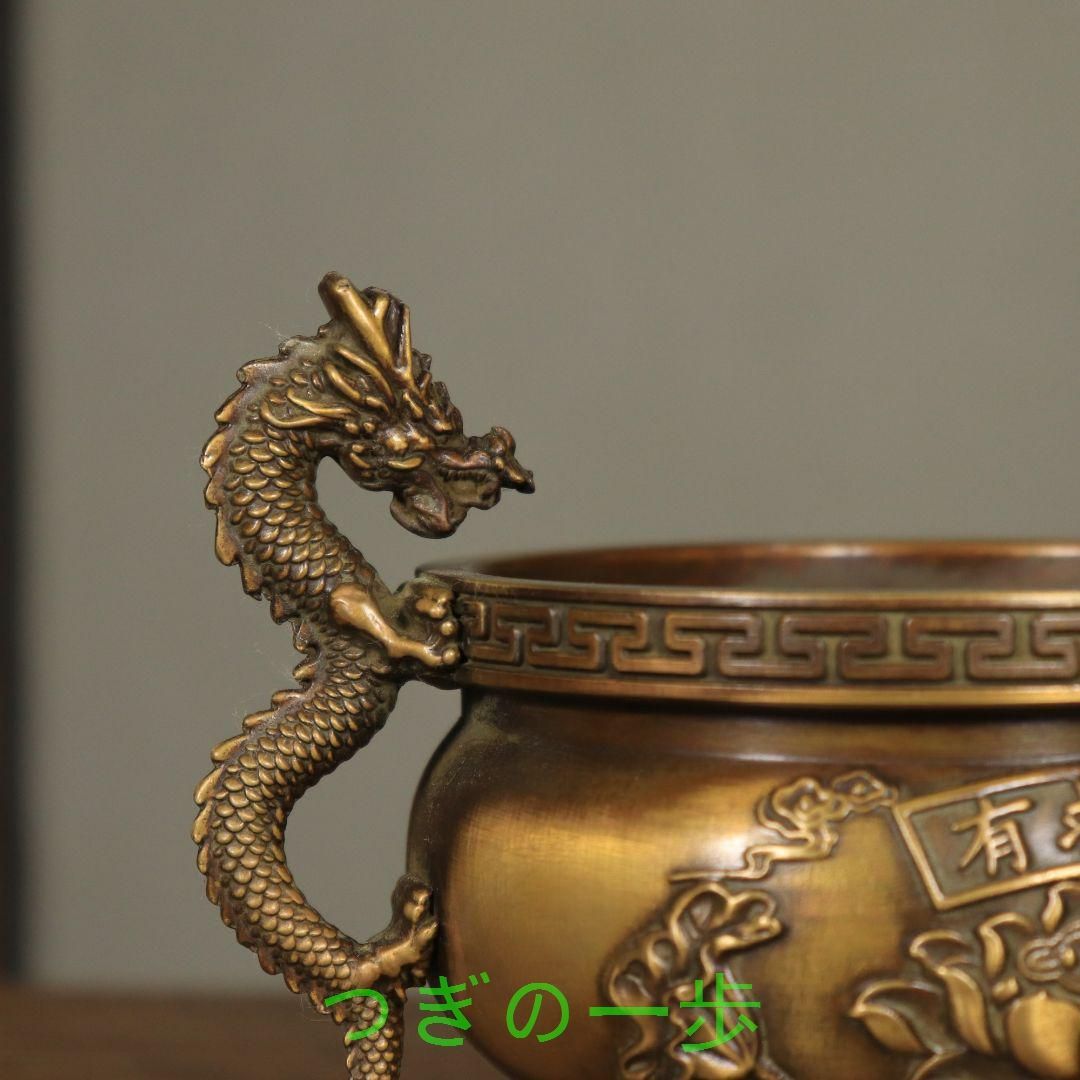 銅器 香炉 双龍耳蓮華香炉 三足鼎 仏堂挿香香炉 双龍炉 装飾品