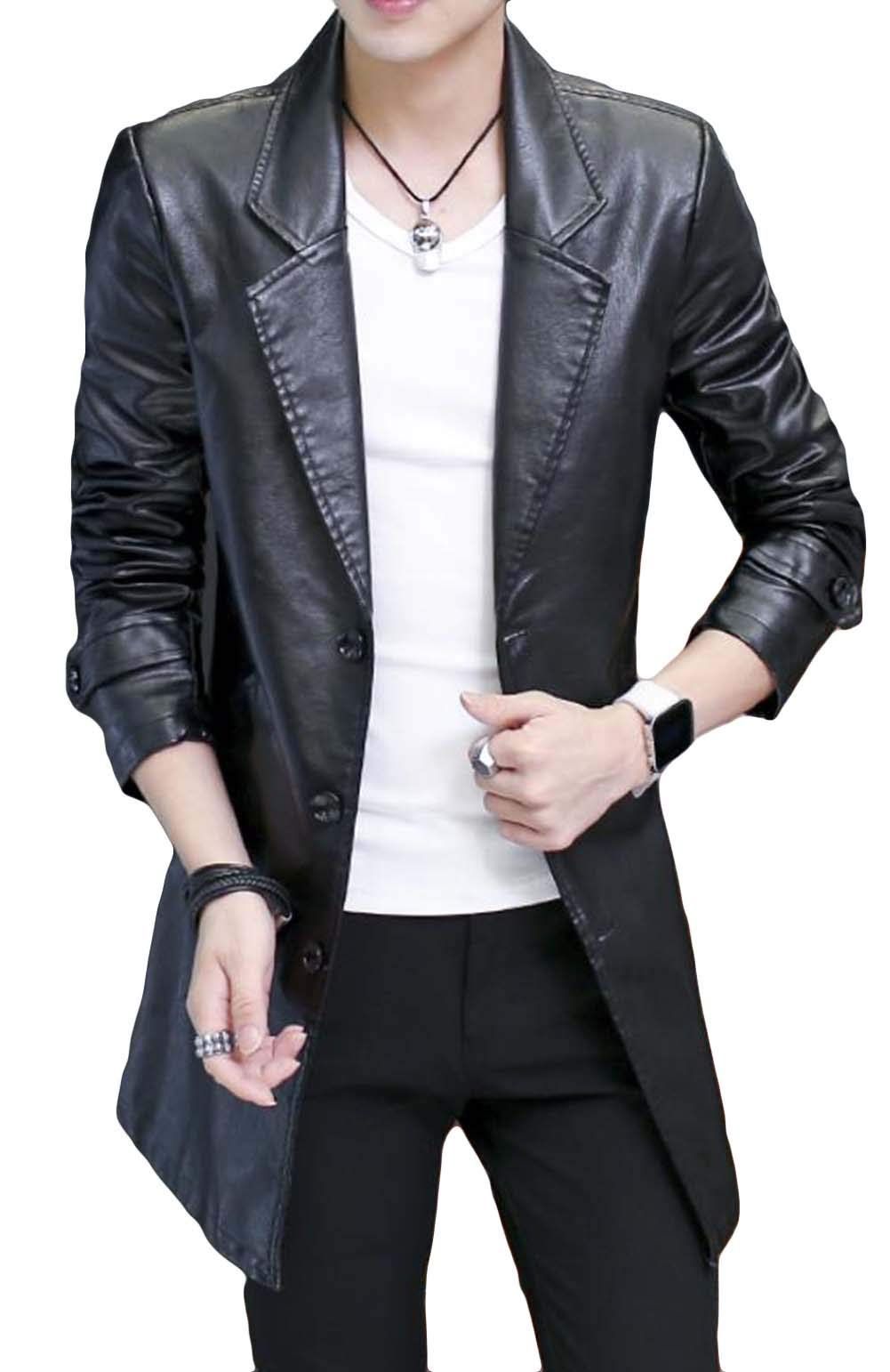 Size:2XL_Color:ブラック [DeBangNi] メンズ レザージャケット ロング丈 春 ライダースジャケット 無地 長袖 PU レザー コート スリム シングル カジュアル アウター 革ジャン黒N5