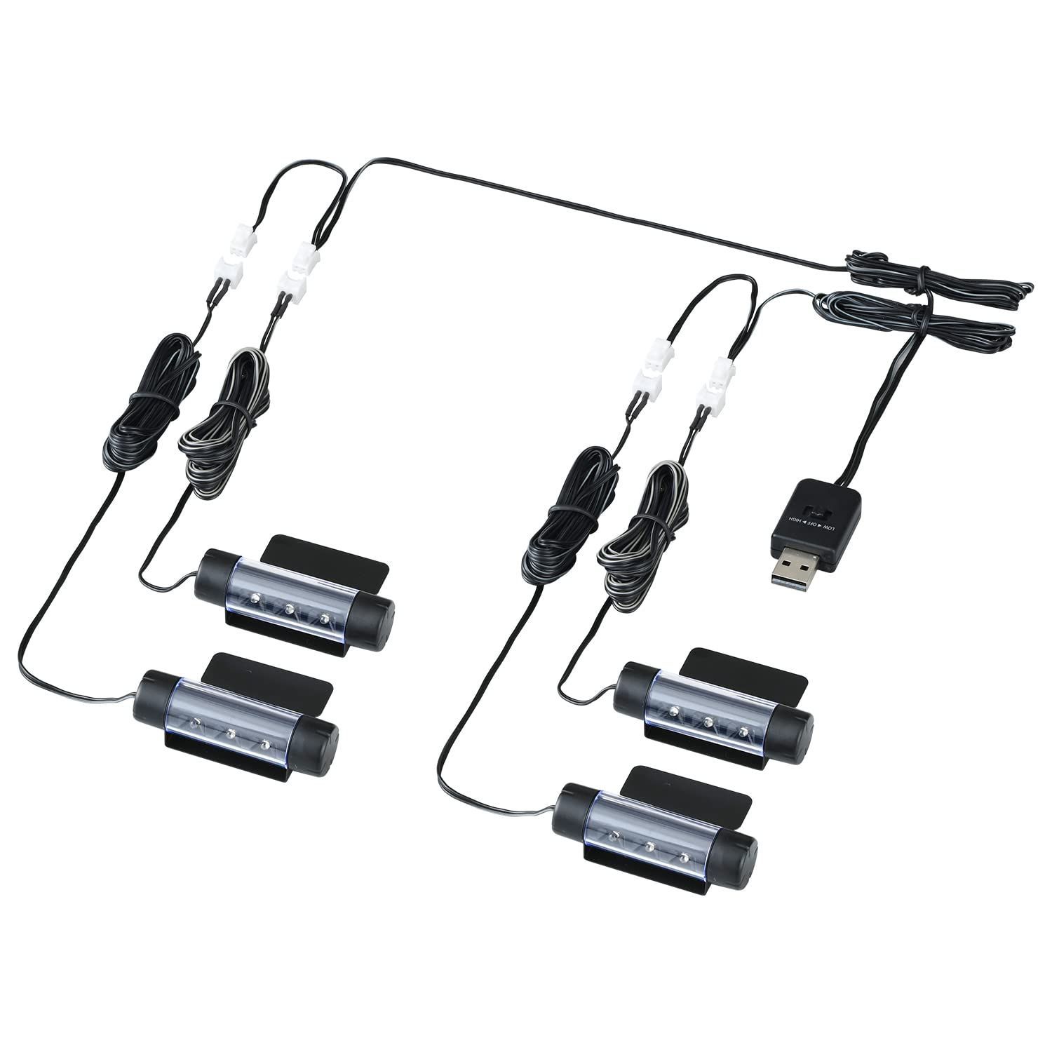 【SALE】USBフロアライト4連タイプ イルミネーション USB電源 車内用品 F335 高輝度ブルーLED使用 セイワ(SEIWA) 照射角度調整可能 光量調節機能付き
