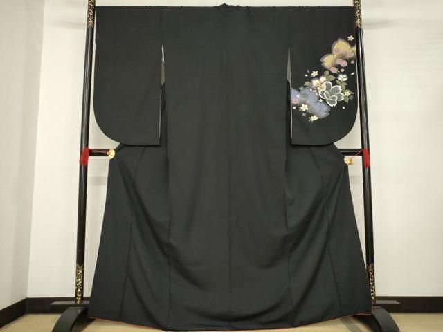 平和屋着物●小振袖 二尺袖 舞花文 黒地 洗える着物 AABC8090ck