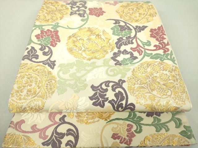 平和屋着物○六通柄袋帯 唐織 更紗鳳凰花文 金糸 正絹 逸品 DAAV6427ps