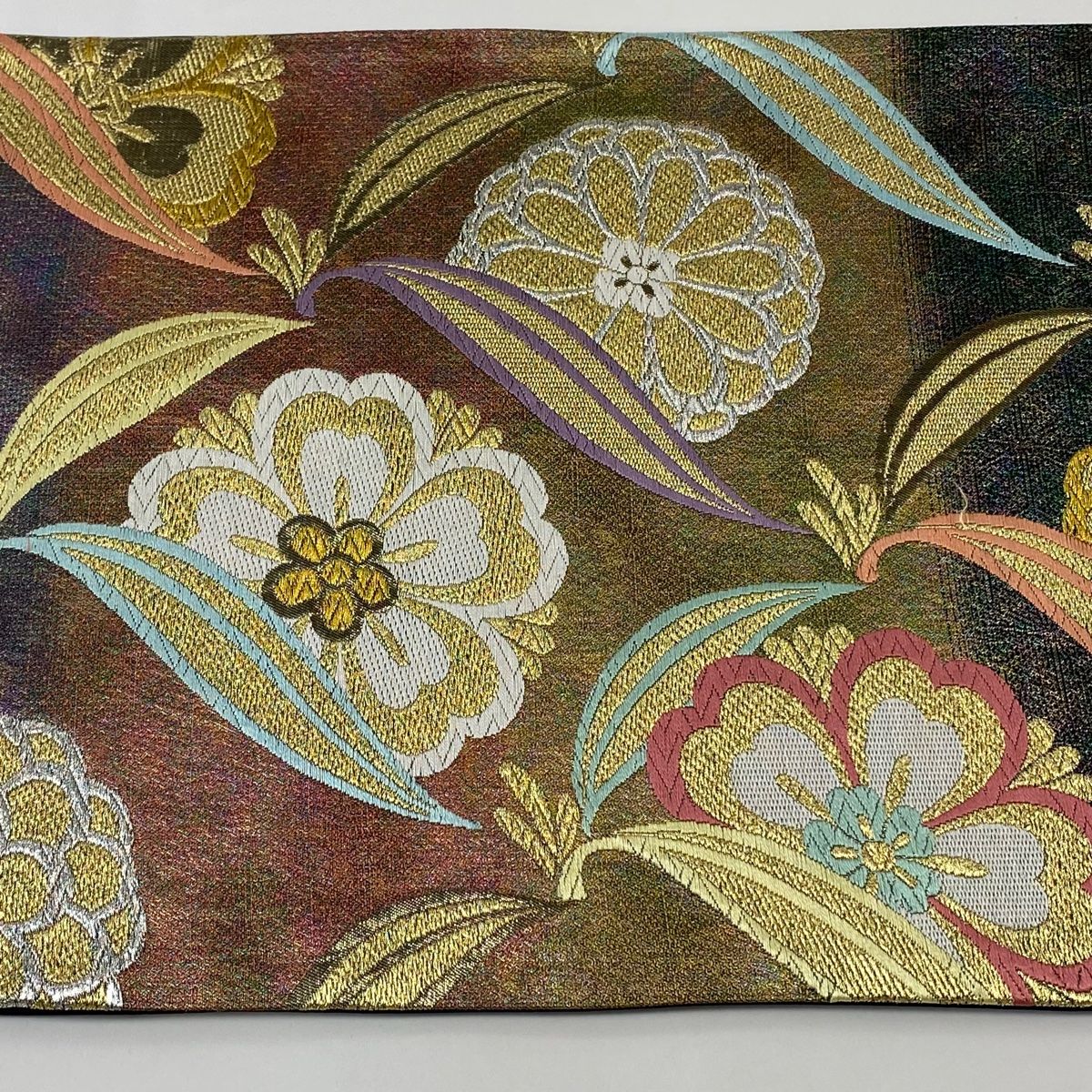 六通柄袋帯★桜　藤　菊　グリーン系　帯幅約３１cm●使用感あり 六通柄袋帯☆桜 藤 菊 グリーン系 帯幅約31cm○使用感あり