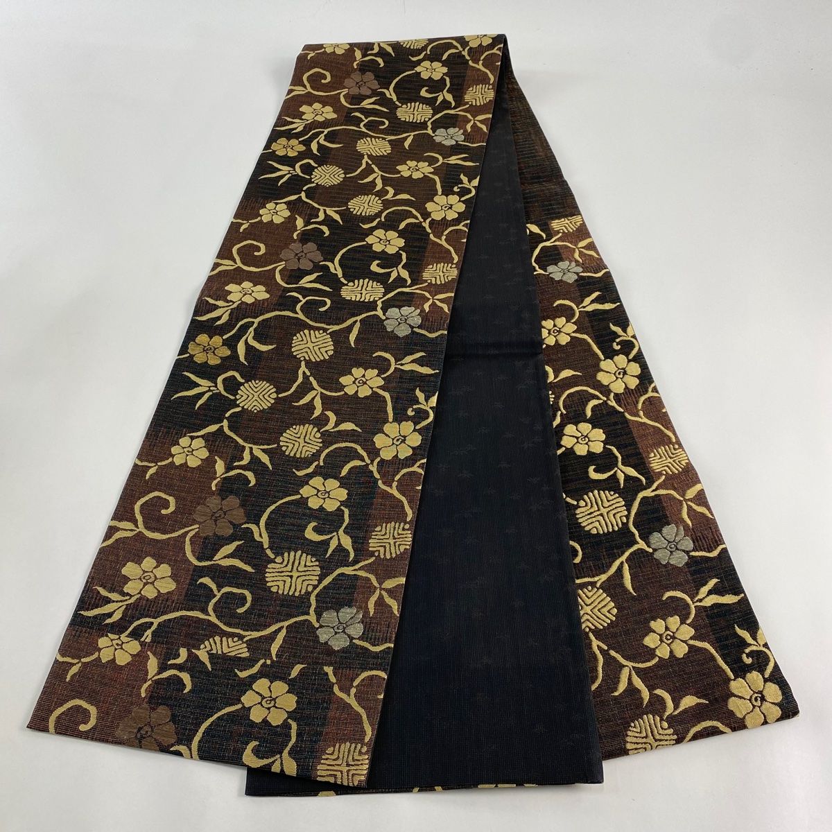 ［六通］袋帯　中古美品　やまと　440cm O-819 袋帯 美品 名品 やまと 笹蔓 変わり市松 金通し 焦茶色 六通