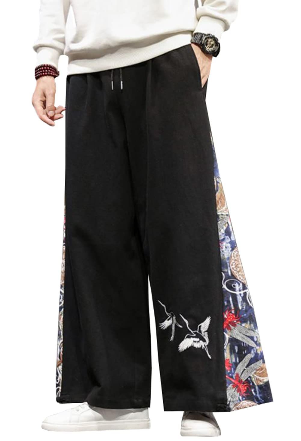 Size:3XL_Color:ブラック [BEIBANG]サルエルパンツ メンズ ガウチョパンツ 春秋 ワイドパンツ 綿麻 ゆったり カジュアル 袴パンツ 大きいサイズ ビッグシルエット 和柄 和風 ロングパンツ イージーパンツ(28ブラック)