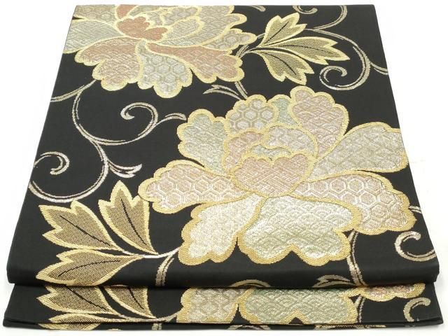 ◆◇ 袋帯 黒地 花柄 金 正絹100% 新品未使用◆◇ 袋帯 美品 名品 花唐草 金糸 金通し 灰色 六通 正絹｜中古・古着