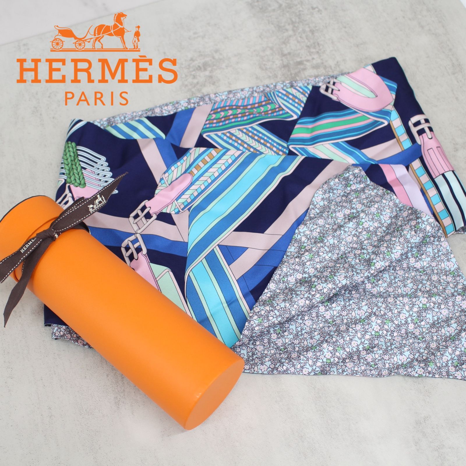 S093)HERMES ツイリー スカーフ ブルー系 シルク エルメス 箱付き 
