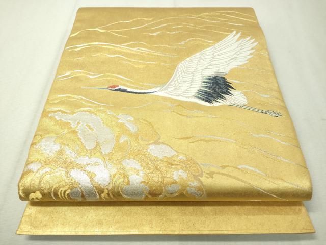 平和屋着物○西陣 長嶋成織物謹製 太鼓柄袋帯 波涛瑞鶴文 瀞金錦 本  