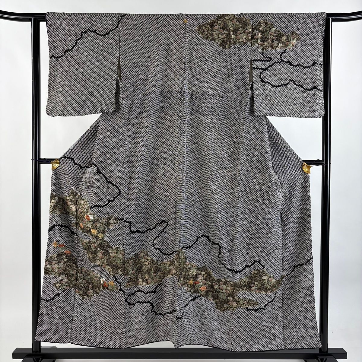 訪問着 身丈153.5cm 裄丈62cm S 袷 秋草 雲文 刺繍 絞り 黒 正絹 名品 一つ紋