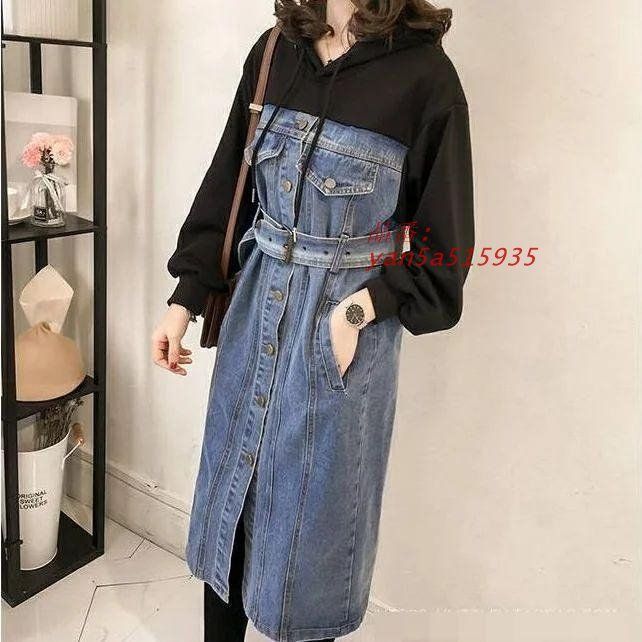 ワンピース きれいめ 袖あり レディース ドッキング デニム バイスウェット フェミニン ブルー ワンピ ドレス ブラ ひざ下 スカート カジュアル ロング丈 yan5a515935