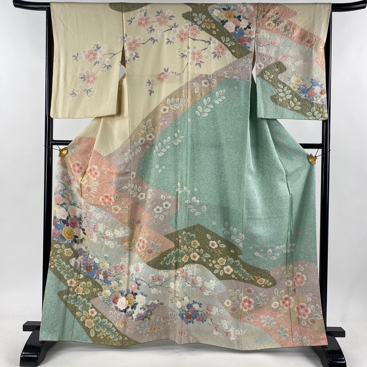 訪問着 身丈164cm 裄丈65cm M 袷 落款 枝梅 菊 金彩 絞り クリーム  