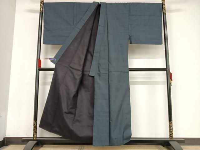 平和屋着物●男性 紬 アンサンブル 色無地 留紺色 キングサイズ 正絹 AABA5022np