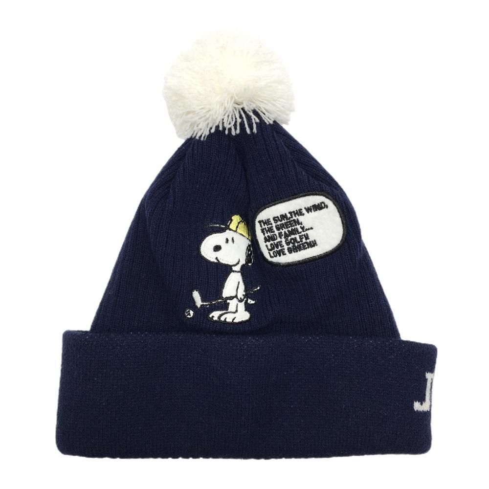 【超美品】ジャックバニー×PEANUTS ニット帽 ネイビー×白 スヌーピー アクリル100％ ボンボン付 FR  ゴルフウェア Jack Bunny