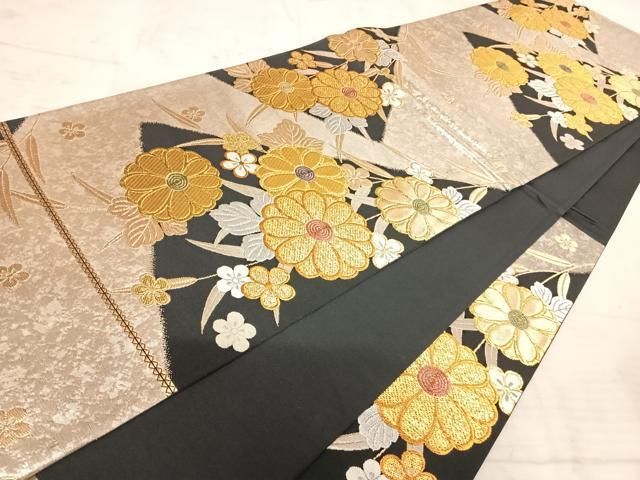 平和屋着物◎六通柄袋帯 草花文 黒地 金銀糸 正絹 逸品