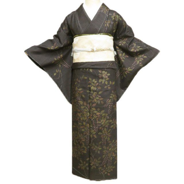 特選 紬地 着物 ♥ リサイクル 正絹 袷 カジュアル 花の図 檜染紬 焦茶色 多色 身丈159cm 裄65cm M きもの北條 A1277-7