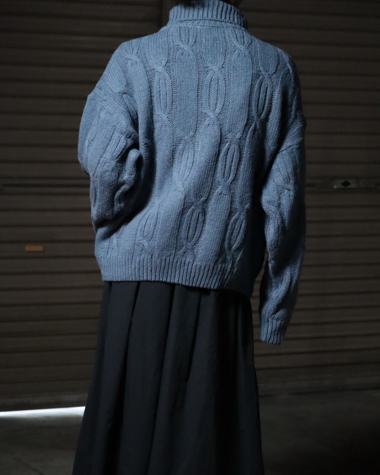 EURO vintage Spain made turtleneck cold tone chunky cable knit 80s 90s ユーロビンテージ スペイン製 ケーブル編み タートルネック ウール混 チャンキー ニット セーター 水色 ペールトーン