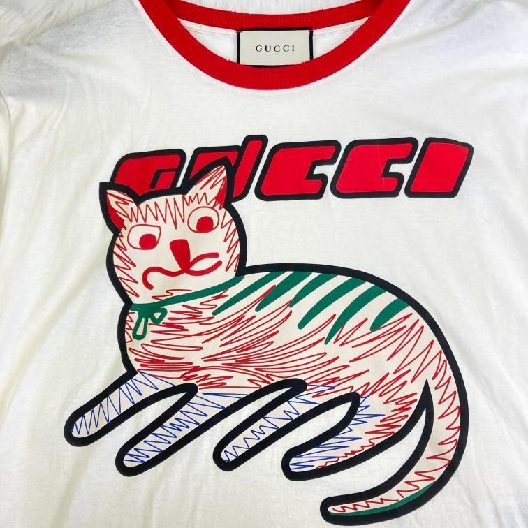 Gucci グッチ キャットプリント ダメージ加工 Tシャツ ホワイト XS