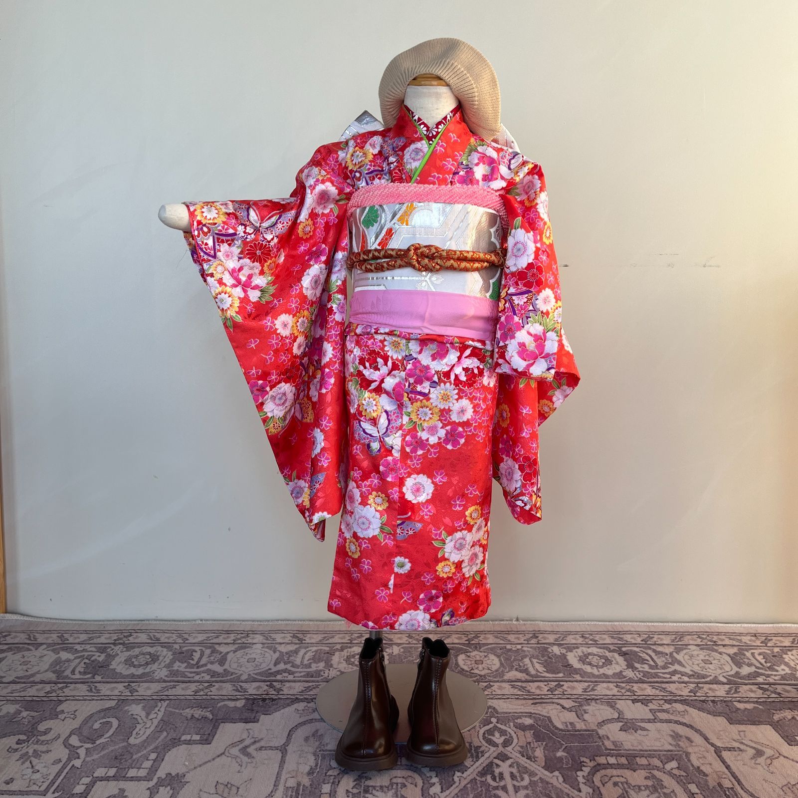 美品】七五三3歳女の子着物・半襦袢・帯セット 身長〜110cm程度