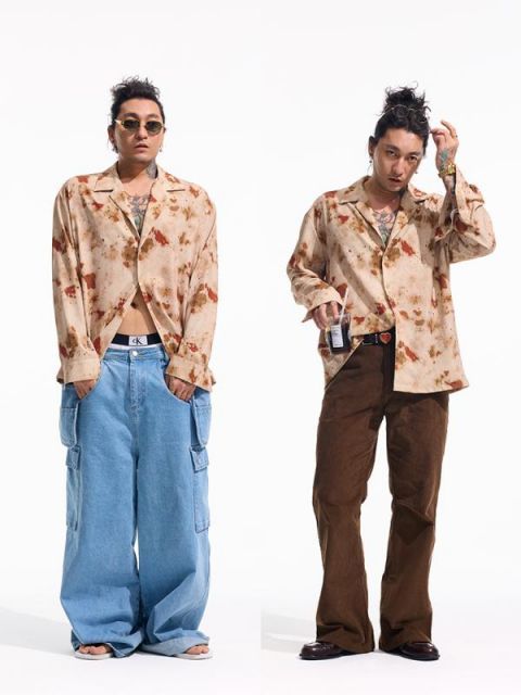 春 コーデ メンズ 服 シンプル ファッション オシャレ 大人 かっこいい 大きいサイズ ストリート 紳士服 キューバン カラー 長袖 花柄 シャツ ゆったり カジュアル 春