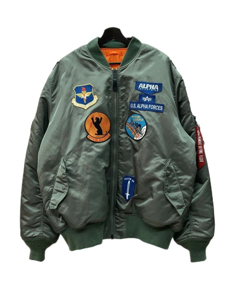 アルファインダストリーズ ALPHA INDUSTRIES MA-1 FLIGHT JACKET フライト ジャケット フルパッチ ワッペン ミリタリー アウター ブルゾン 緑 サイズ 4L ジャケット 総柄 カーキ 104MT-1435