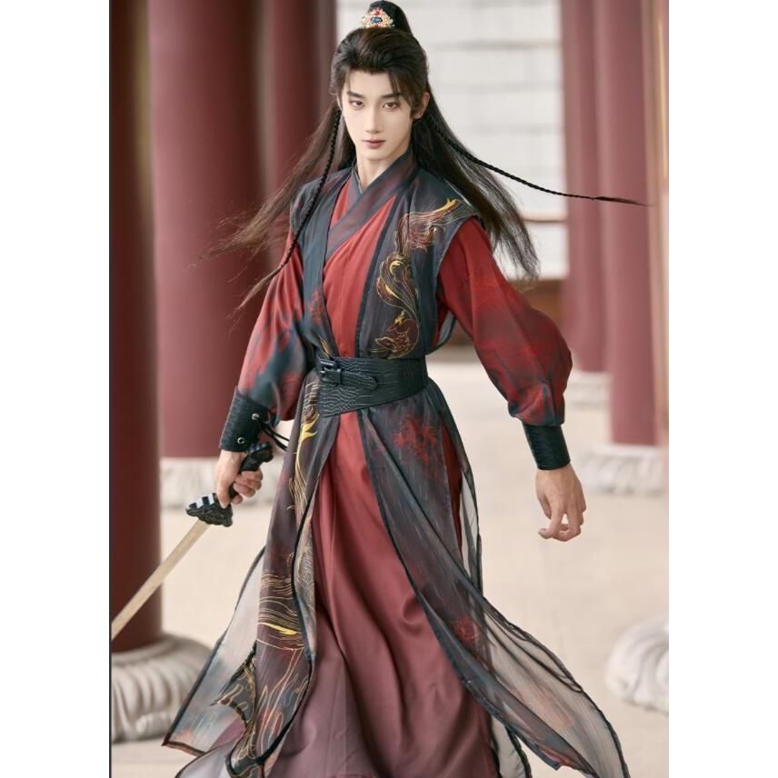 高品質 文化祭 男女兼用 漢服 唐装 大人 中華コスプレ衣装 チャイナ服 5点セット 交差襟 ノースリーブの羽織付 すっきりした 武侠 剣士 中華衣装 ワインレ BJ1003ML03 ハロウィン