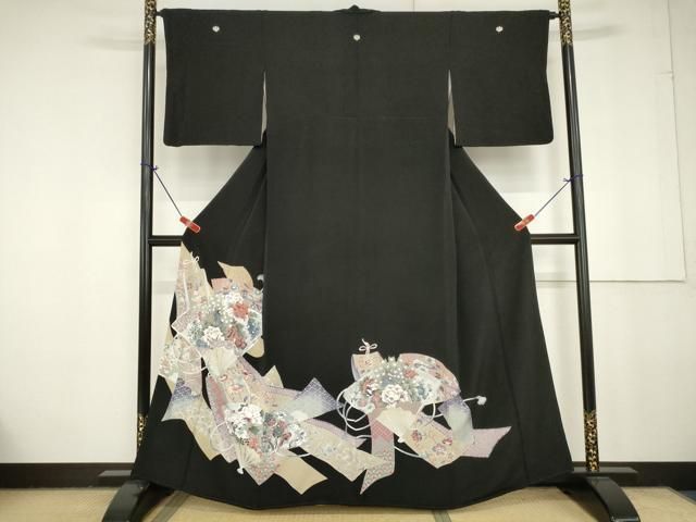 平和屋着物□豪華黒留袖 駒刺繍 扇花文 金銀彩 正絹 逸品