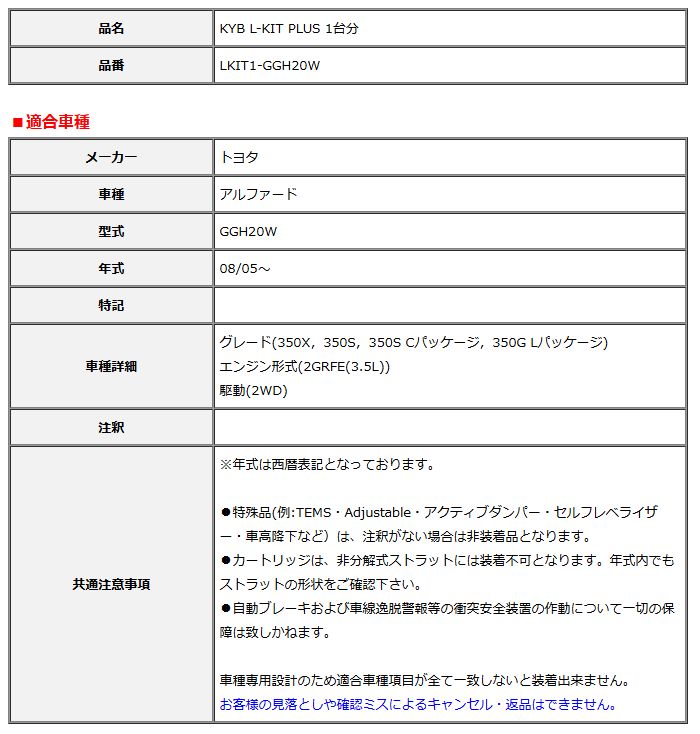 KYB カヤバ エルキットプラス L-KIT PLUS 1台分 アルファード GGH20W 08 05～ LKIT1-GGH20W
