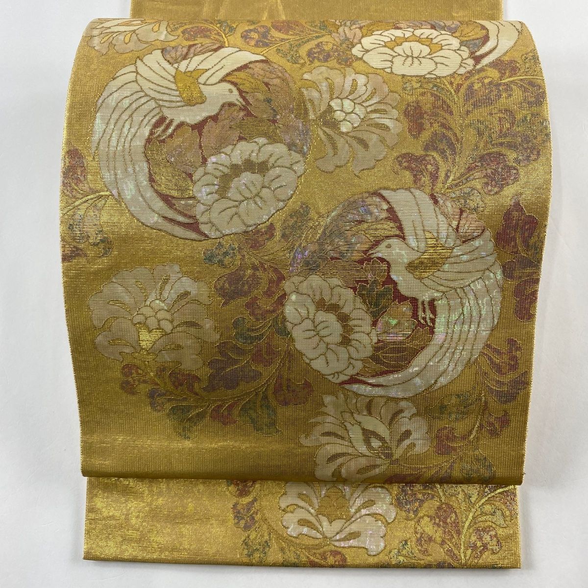 袋帯 名品 花鳥 花唐草 螺鈿 金彩 金色 お太鼓柄 正絹