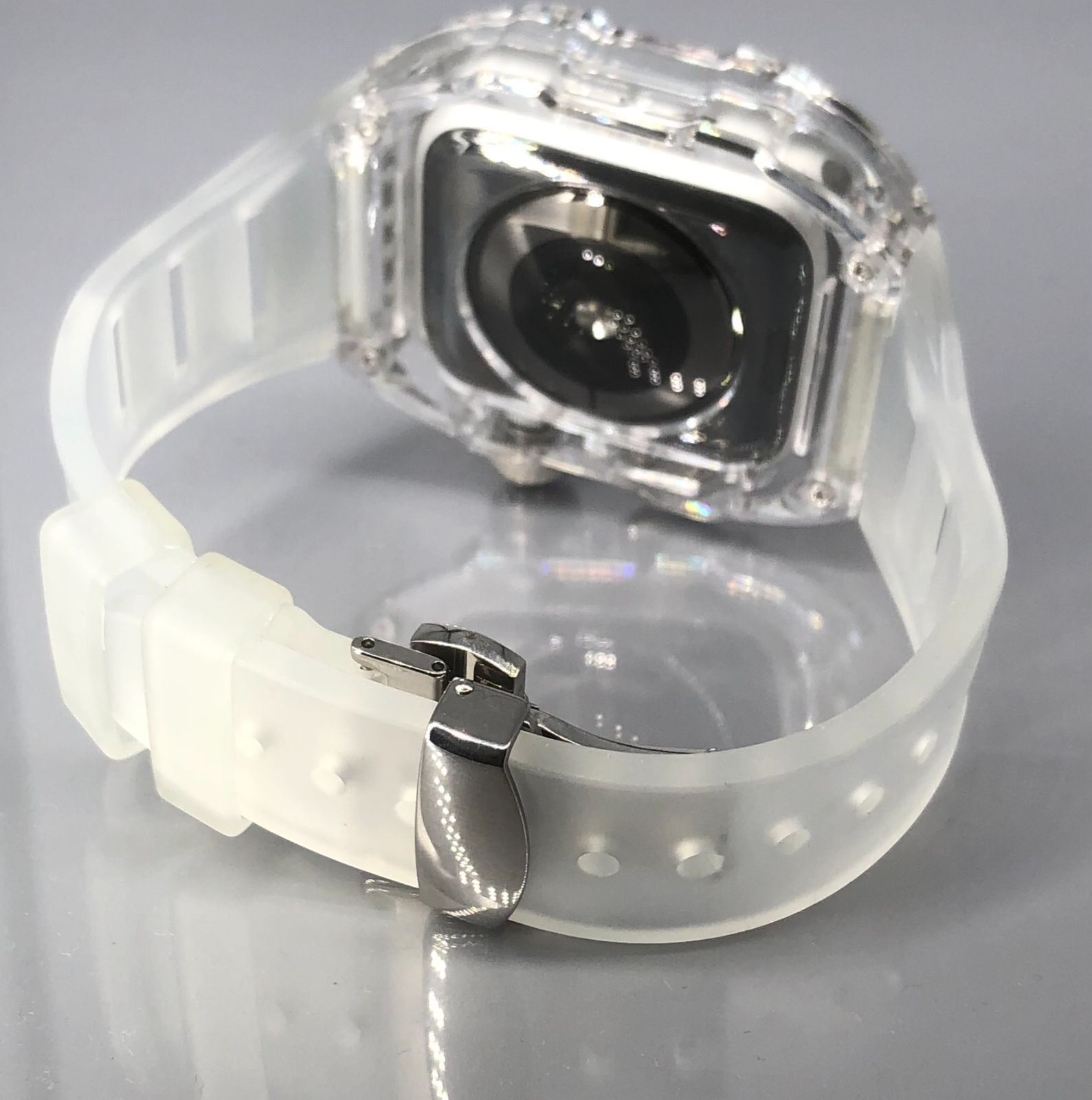GimelZayin zc シルバー クリア★アップルウォッチ ラバーベルト カバー クリア ケース 44mm 45mm 4 5 6 7 8 9 se スポーツ メンズ レディース Apple Watch バンド
