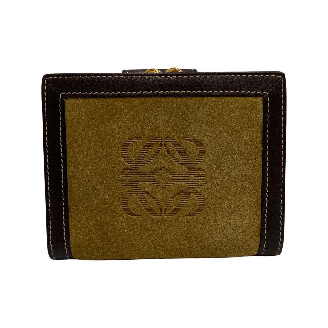 美品】ロエベ アナグラム ロゴ 二つ折り財布 がま口 スエード ブラウン-