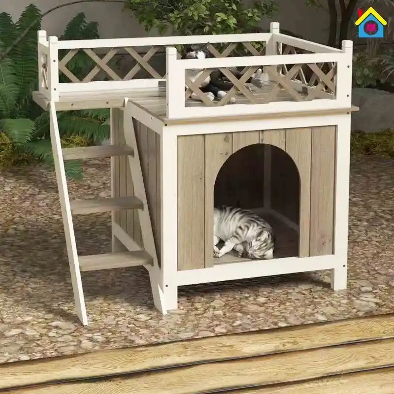 ペットハウス 屋外 グレー 大型 二階建て キャットハウス ドッグハウス 犬 猫 シェルター 木製 ステップ 階段 おしゃれ 高品質 防水 春 夏 秋 冬 通年 ペット用品 小型犬 中型犬 小型猫 中型猫 大型猫 外飼い 野良猫