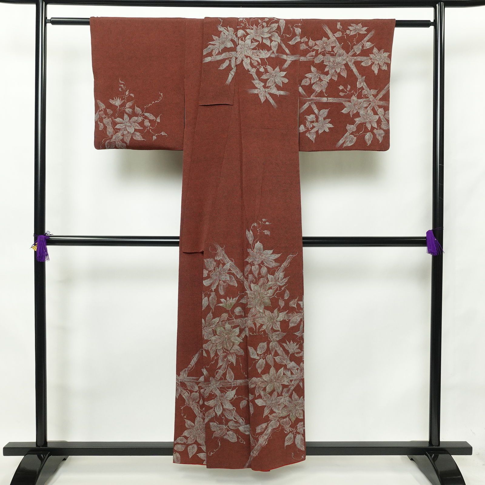 中古 訪問着 鮫小紋 縮緬 正絹 花柄 袷仕立て 身丈156.5cm 裄丈64cm 茶