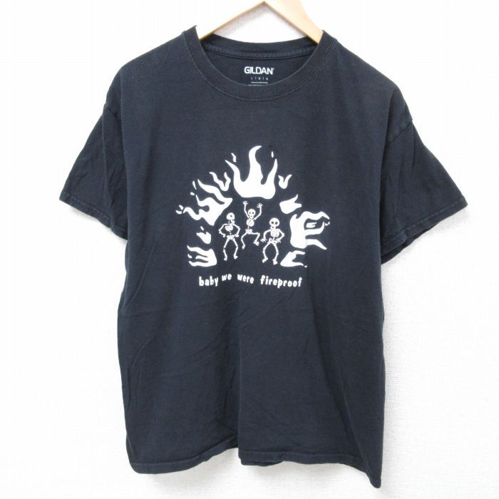 L/古着 半袖 Tシャツ メンズ スケルトン コットン クルーネック 黒 ブラック 24jul15 中古